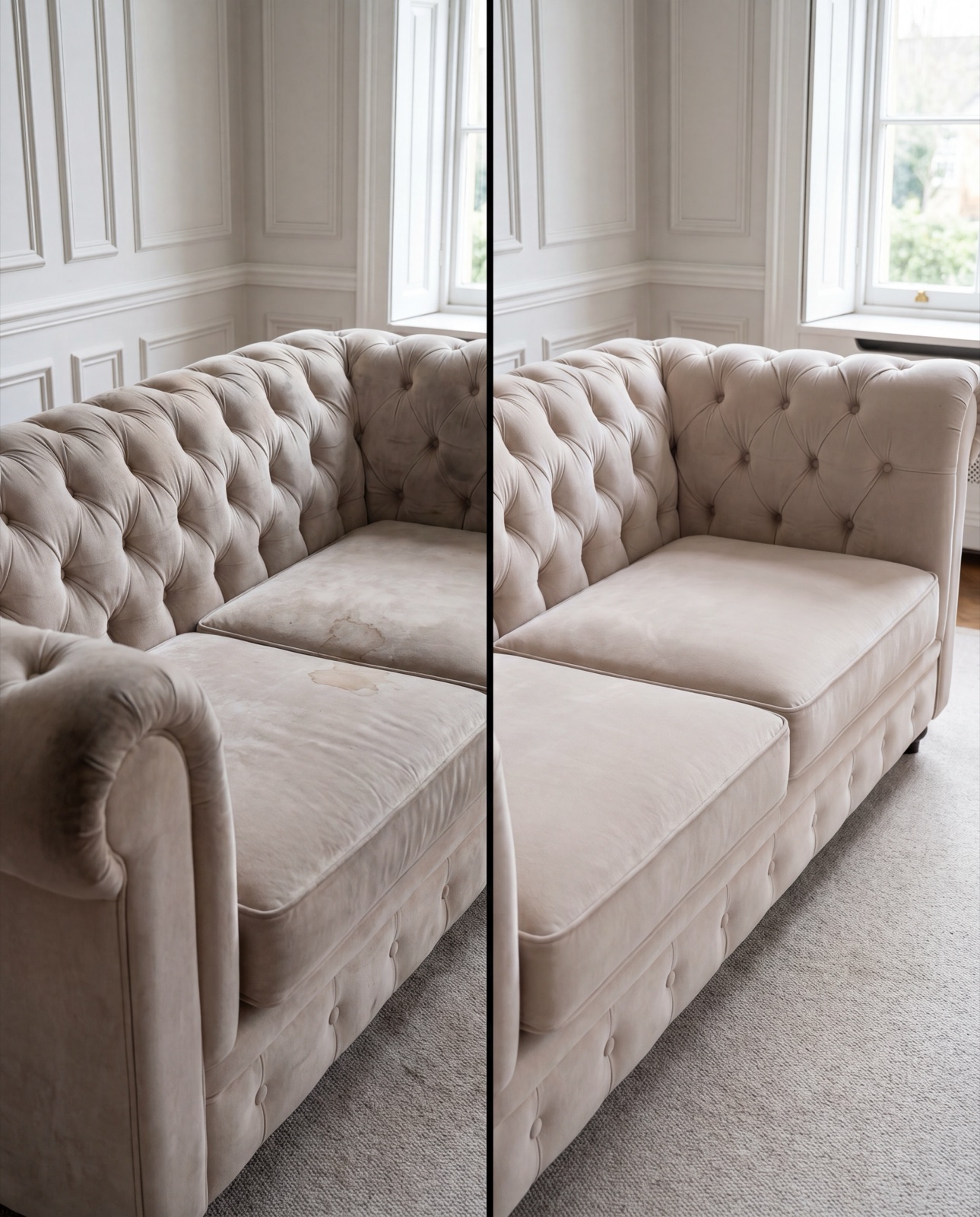 Tufted sofa before and after care