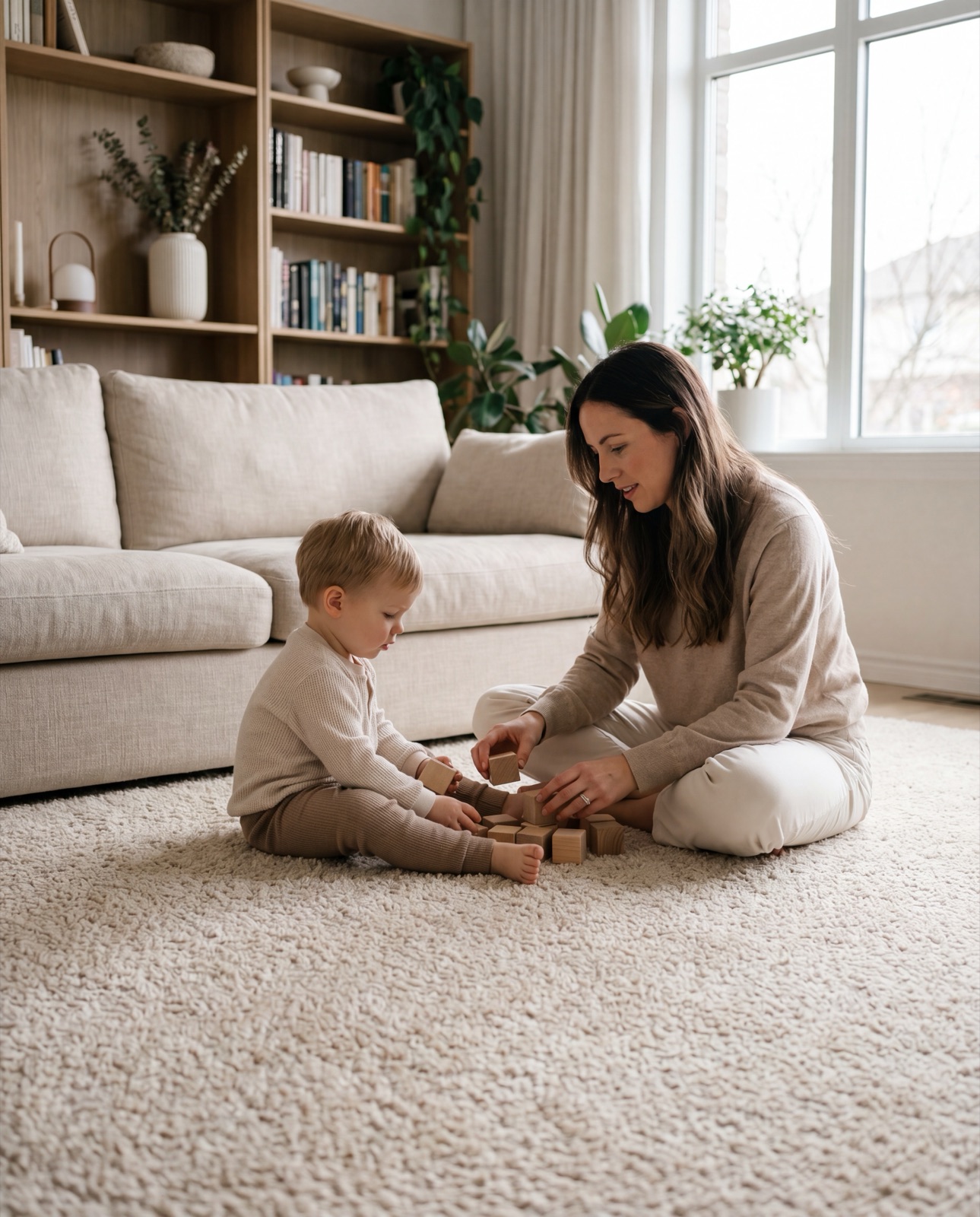 Parent and child on a clean, freshly cared-for living-room carpet