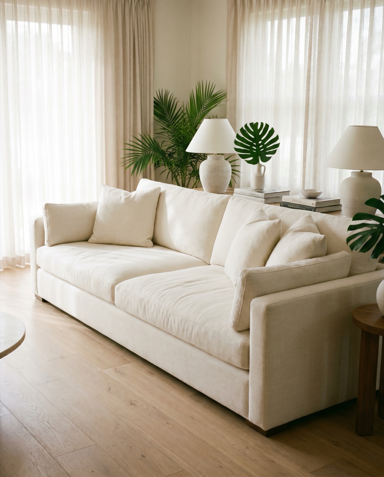 Bright Central Florida living room with a freshly cared-for cream sofa and greenery